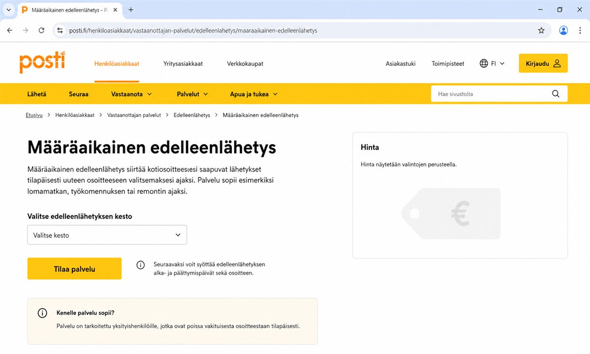 Määräaikainen postin edelleenlähetys hinta