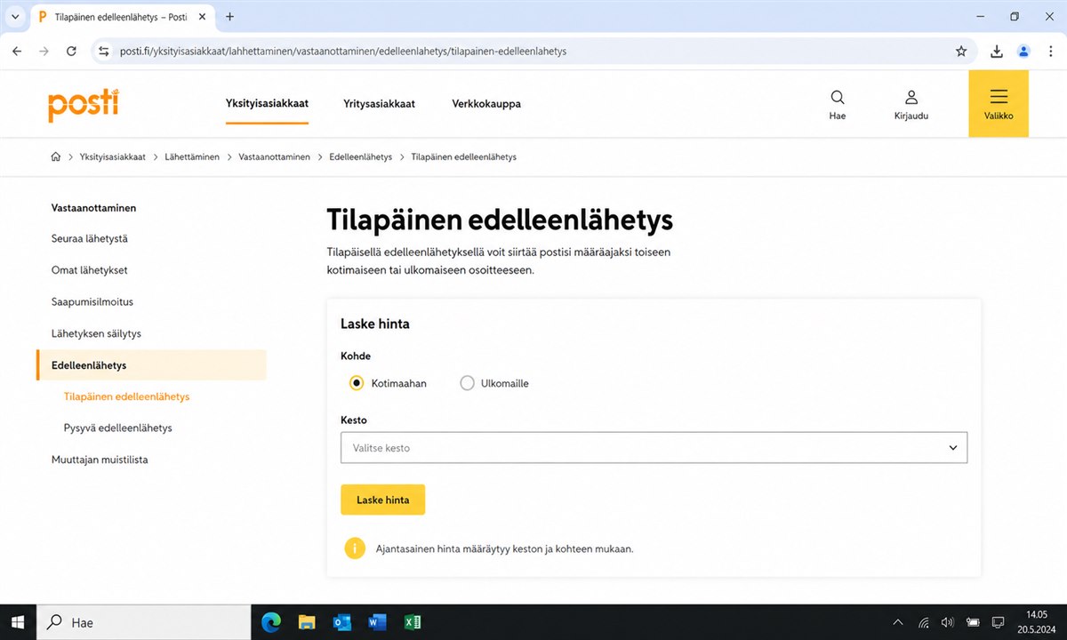 Postin verkkosivujen hinnasto edelleenlähetykselle