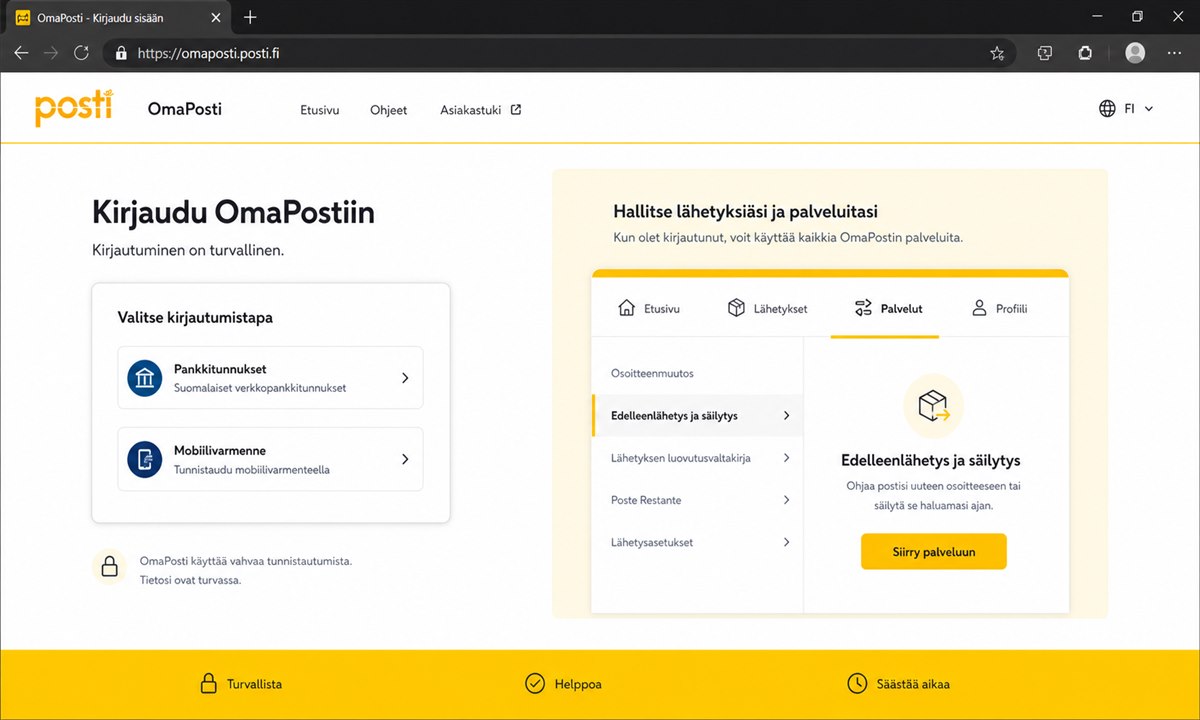 OmaPosti-palvelun kirjautumissivu ja palveluvalikko