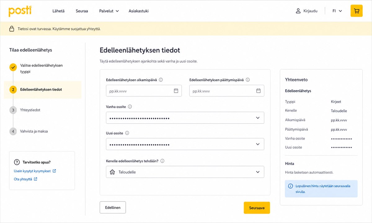 Edelleenlähetyksen tilauslomake kestolla ja osoitteella
