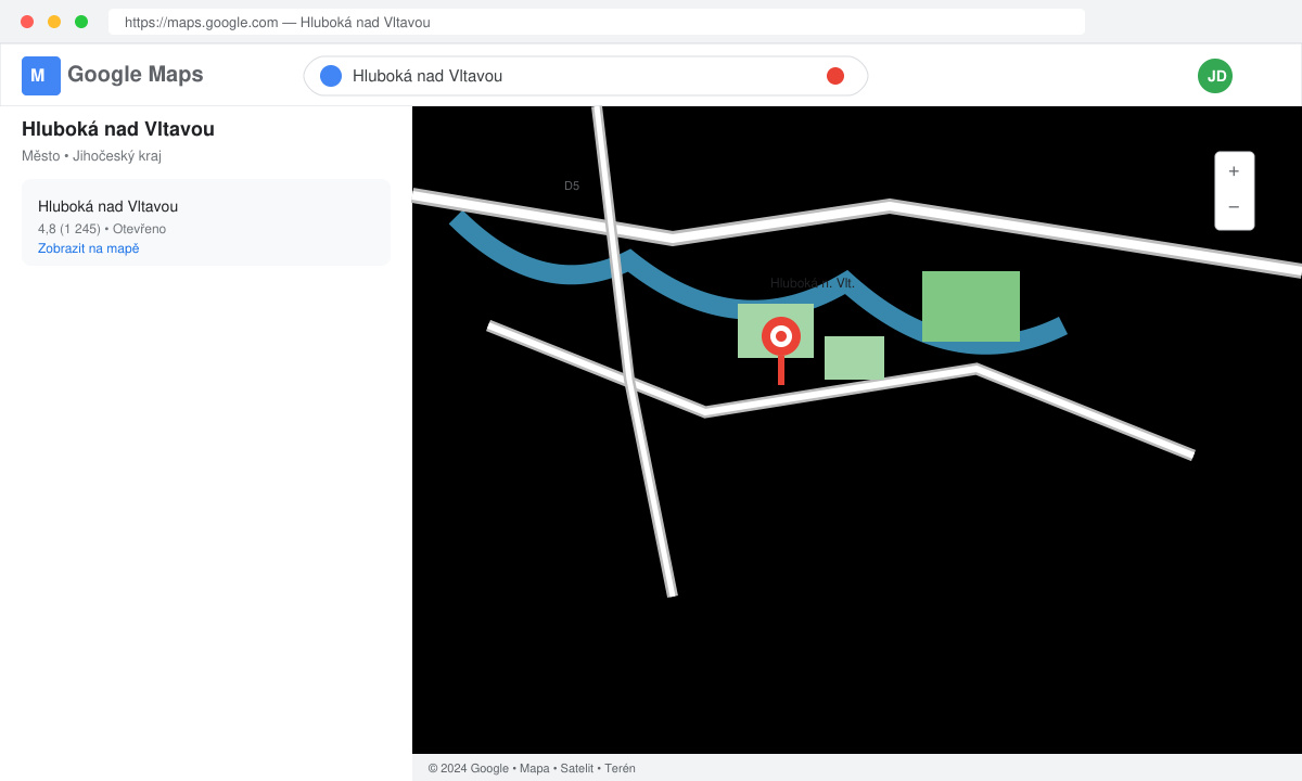 Obrazovka Google Maps se zobrazeným vyhledáváním Hluboká nad Vltavou