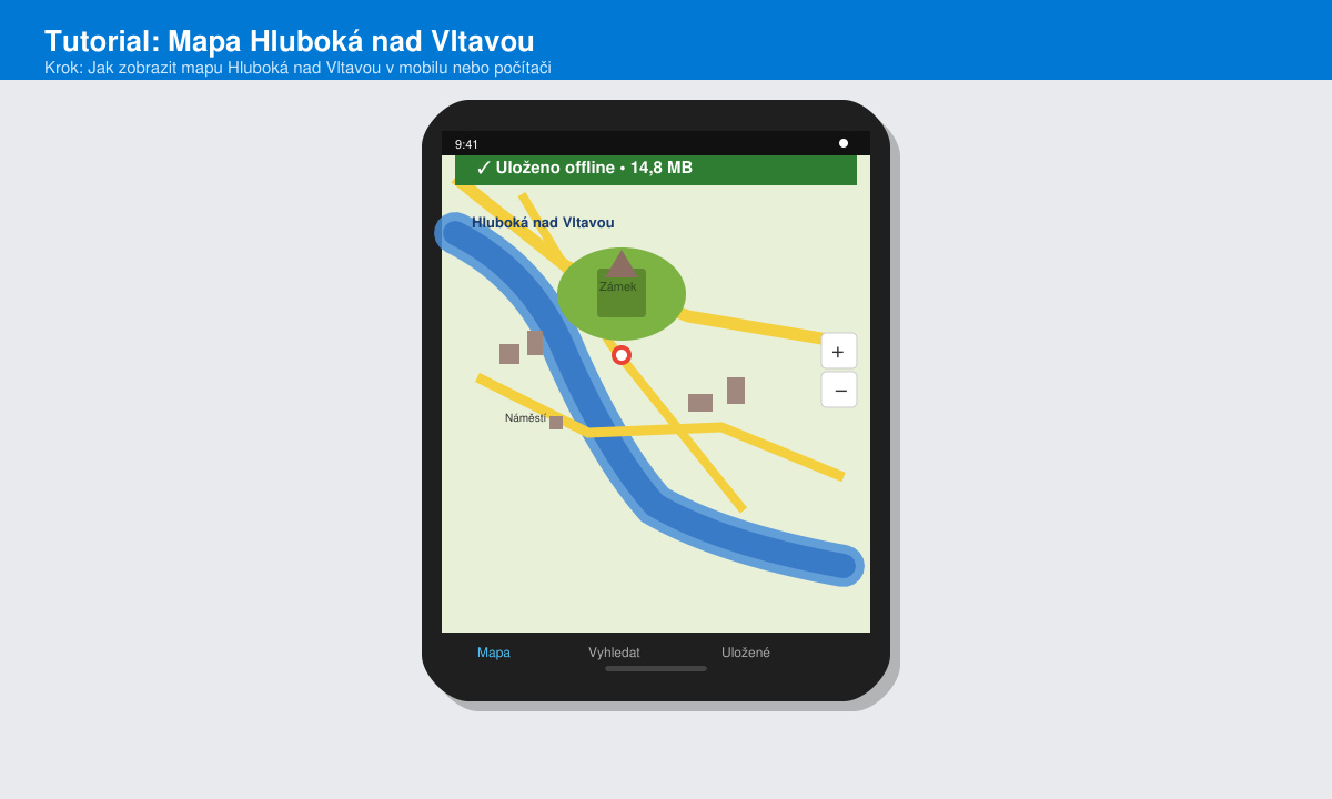 Mobilní obrazovka s uloženou offline mapou Hluboká nad Vltavou