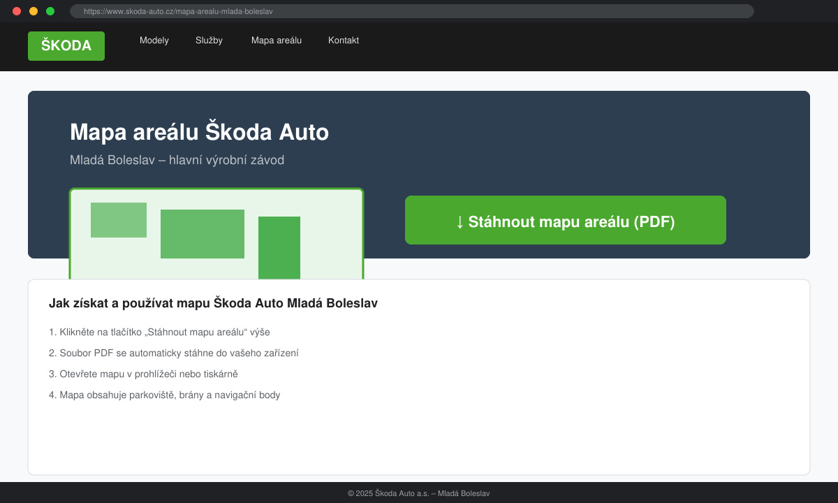 Snímek obrazovky s webovou stránkou Škoda Auto a tlačítkem pro stažení mapy areálu
