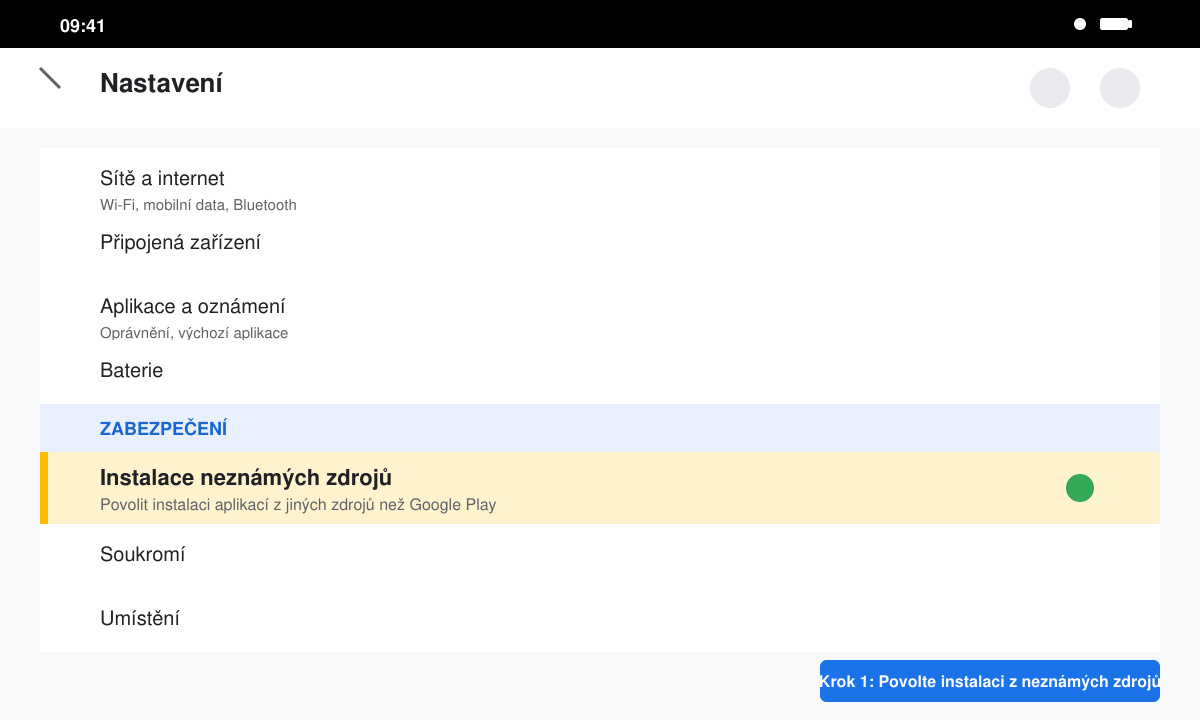 Snímek obrazovky Nastavení Androidu se zvýrazněnou volbou Instalace neznámých zdrojů