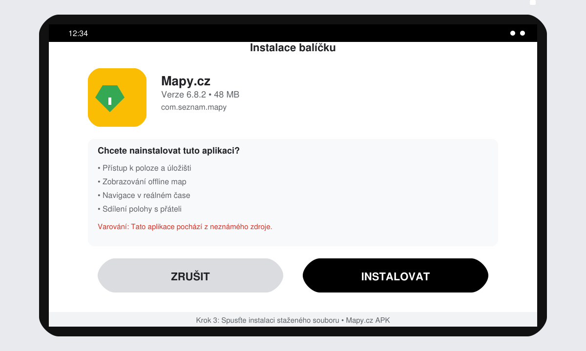 Obrazovka potvrzení instalace APK souboru aplikace Mapy.cz na Android zařízení