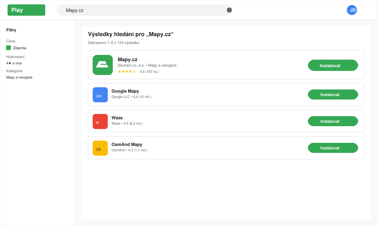 Snímek obrazovky Google Play Store s výsledkem vyhledávání „Mapy.cz“