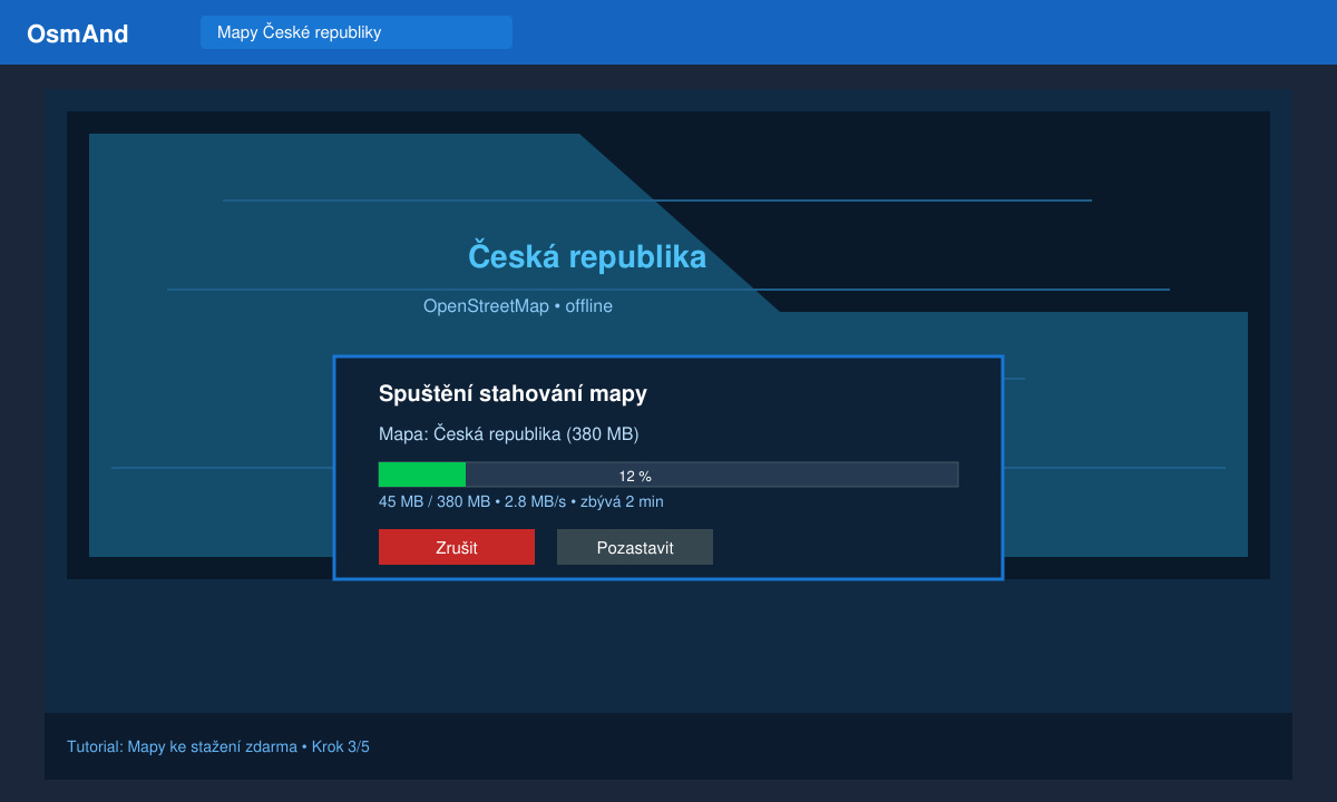 Indikátor průběhu stahování mapy České republiky v aplikaci OsmAnd