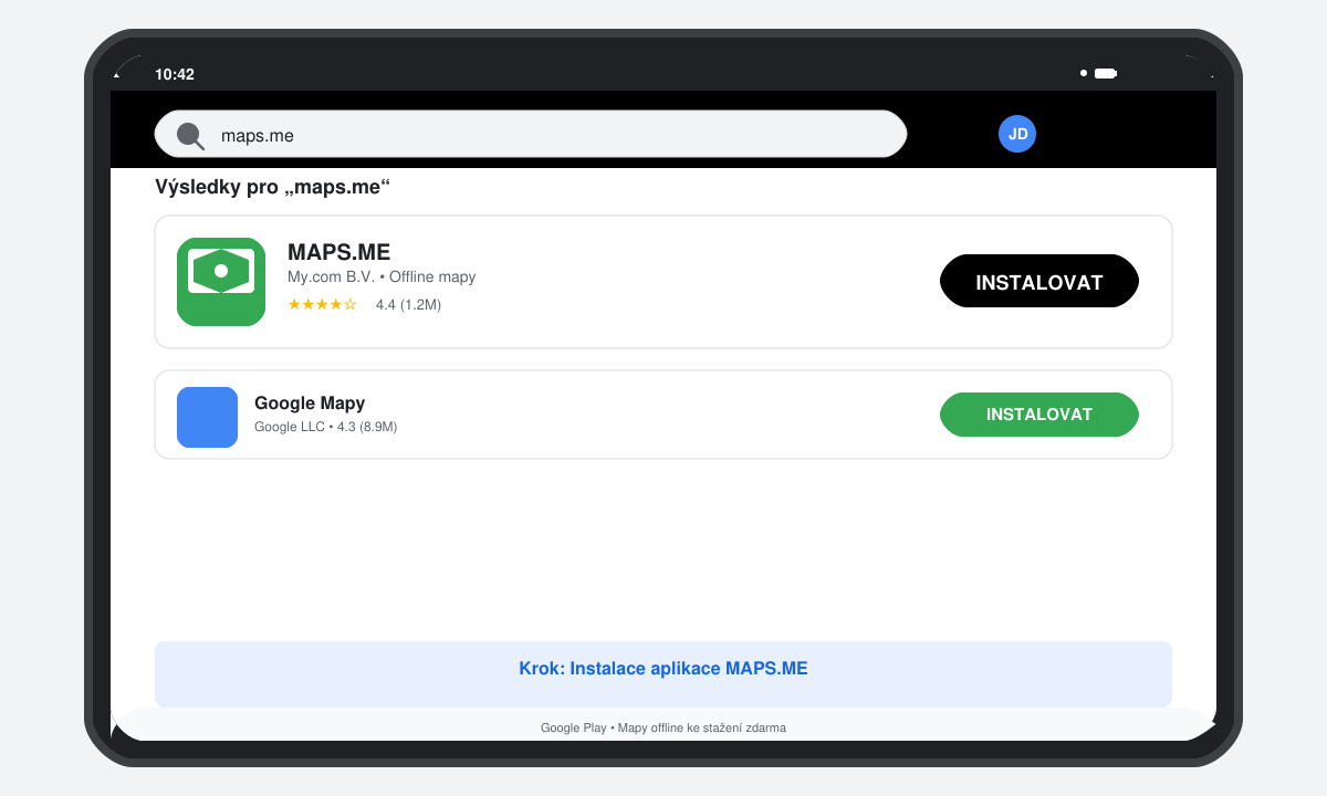 Obrazovka obchodu s aplikacemi s vyhledáváním Maps.me a tlačítkem instalace