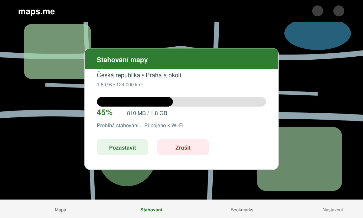 Obrazovka aplikace Maps.me s probíhajícím stahováním mapy a indikátorem průběhu