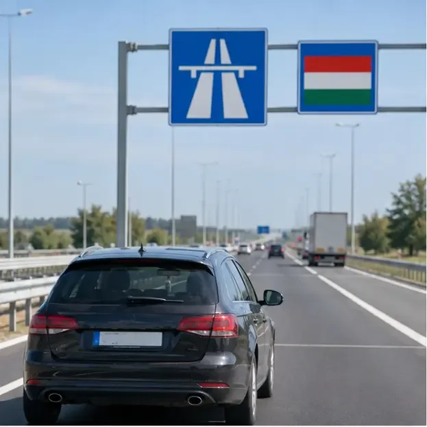 Magyar autópálya-felhajtó tábla előtt haladó személyautó nappali forgalomban