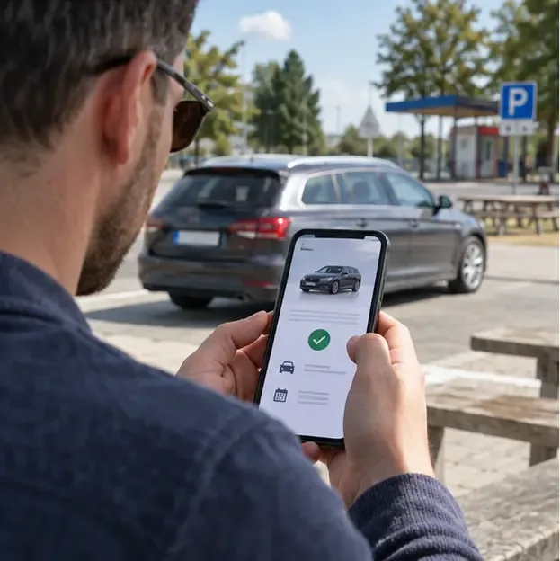 Pihenőhelyen álló autó mellett a vezető a telefonos e-matrica-visszaigazolást ellenőrzi