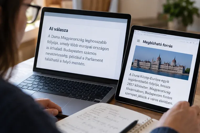 Felhasználó egy MI-választ hasonlít össze egy külön eszközön megnyitott megbízható forrással, miközben jegyzetel.