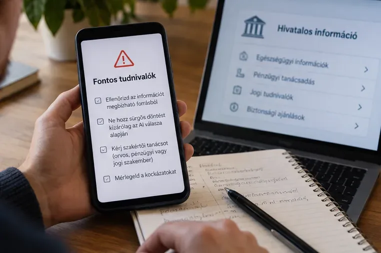 Telefonon biztonsági ellenőrzőlista látható, háttérben pedig egészségügyi, pénzügyi, jogi és biztonsági hivatalos információforrások kategóriái.