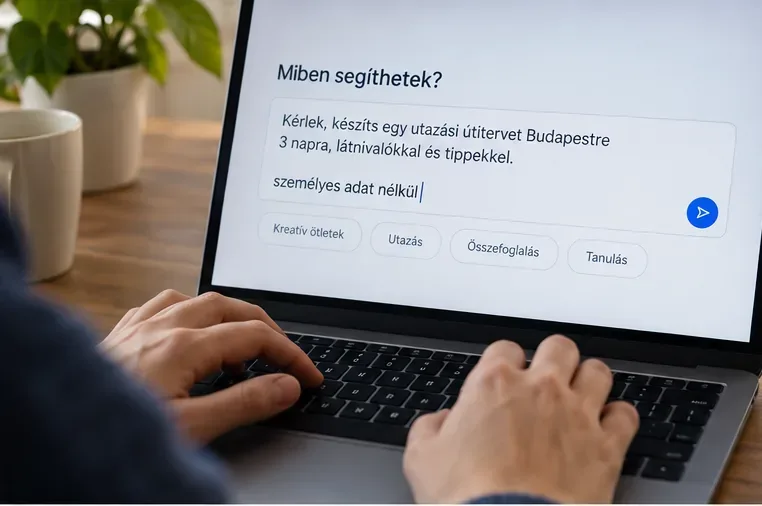 Laptopon olyan utazástervező kérés látható, amely Budapestre kér háromnapos útitervet, de nem tartalmaz nevet, címet vagy más személyes adatot.