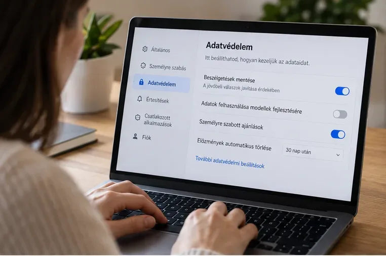 Felhasználó egy laptop adatvédelmi beállításait ellenőrzi, ahol a beszélgetések mentése és az adatok modellfejlesztési felhasználása külön kapcsolható.