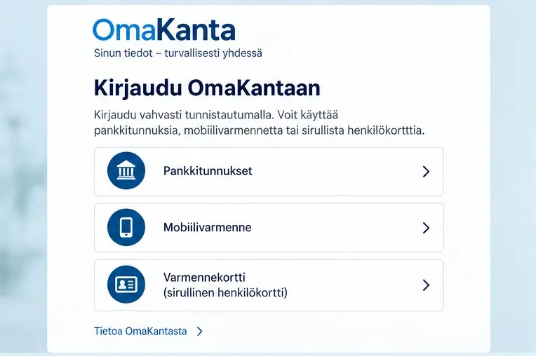 Havainnollistava OmaKanta-kirjautumisnäkymä, jossa näkyvät pankkitunnukset, mobiilivarmenne ja varmennekortti tunnistautumisvaihtoehtoina