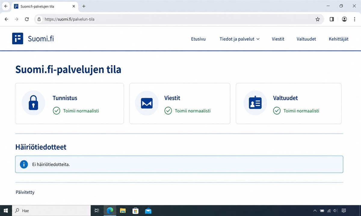 Suomi.fi:n häiriöstatussivu, palvelun tila näkyvissä