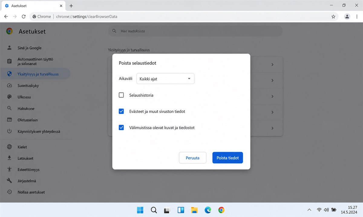 Selaimen välimuistin tyhjennysikkuna avattuna Chrome-selaimessa