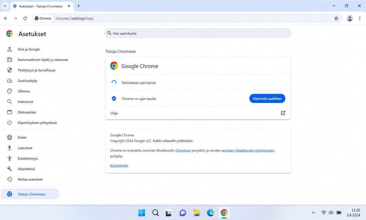 Chrome-selaimen päivitysikkuna Tietoja Chromesta -valikossa