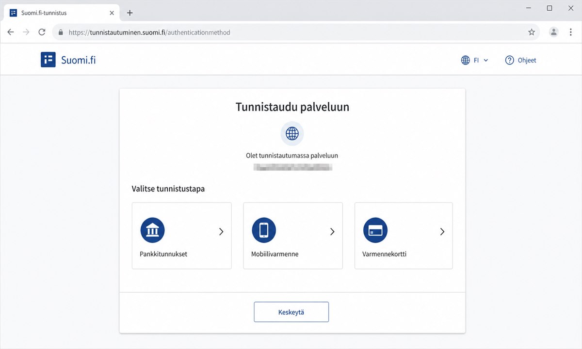 Suomi.fi kirjautumissivu, eri tunnistautumisvaihtoehdot näkyvissä