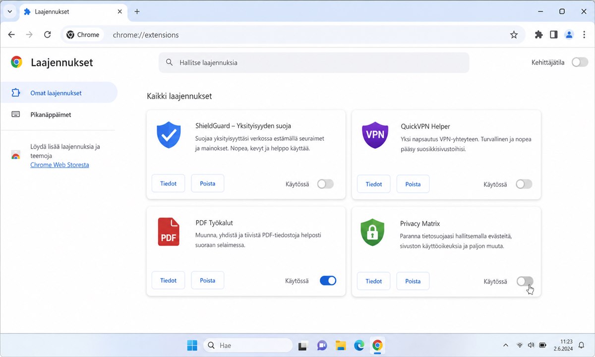 Chrome-selaimen lisäosien hallintasivu, lisäosia poistetaan käytöstä
