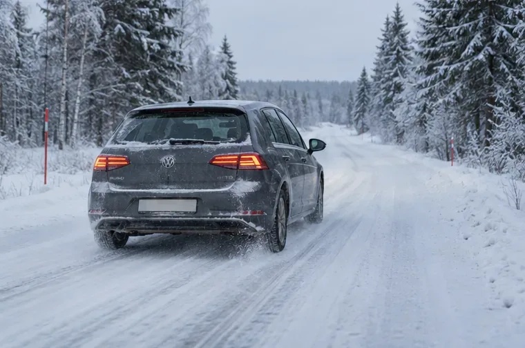 Henkilöauto ajaa nastarenkailla lumisella metsätiellä talviolosuhteissa