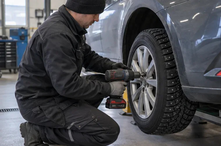 Mekaanikko asentaa nastarengasta henkilöautoon rengasliikkeen hallissa