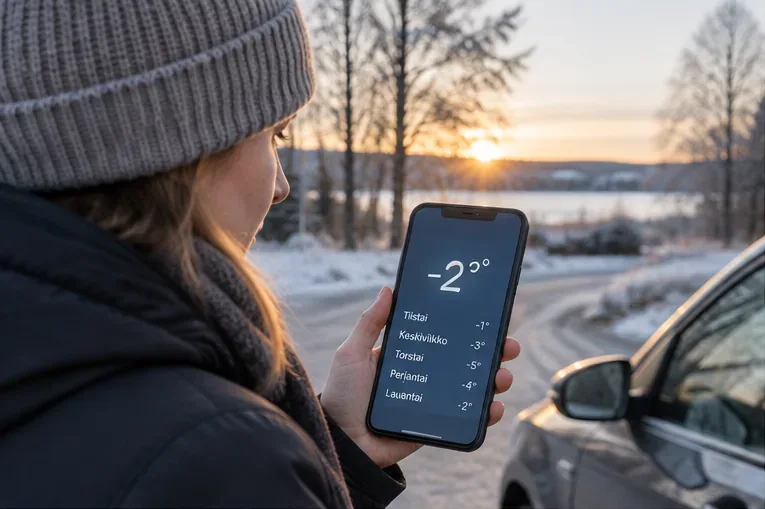 Autoilija tarkistaa puhelimesta pakkasennustetta lumisen tien vieressä ennen talvirenkaiden vaihtopäätöstä.