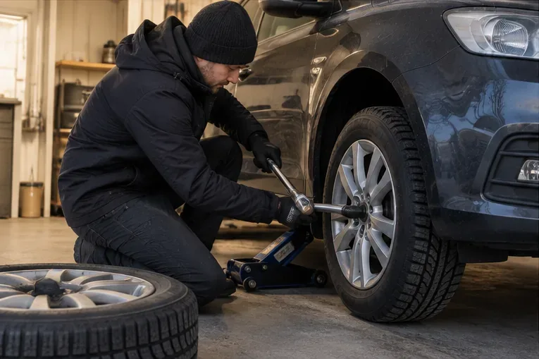Auton talvirengasta vaihdetaan autotallissa tunkin ja pyöränpulttiavaimen avulla.