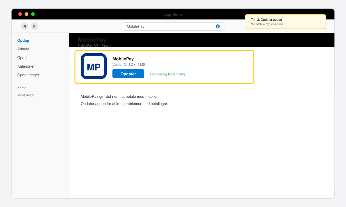 Skærmbillede af App Store med MobilePay-appen fremhævet og opdateringsknappen synlig