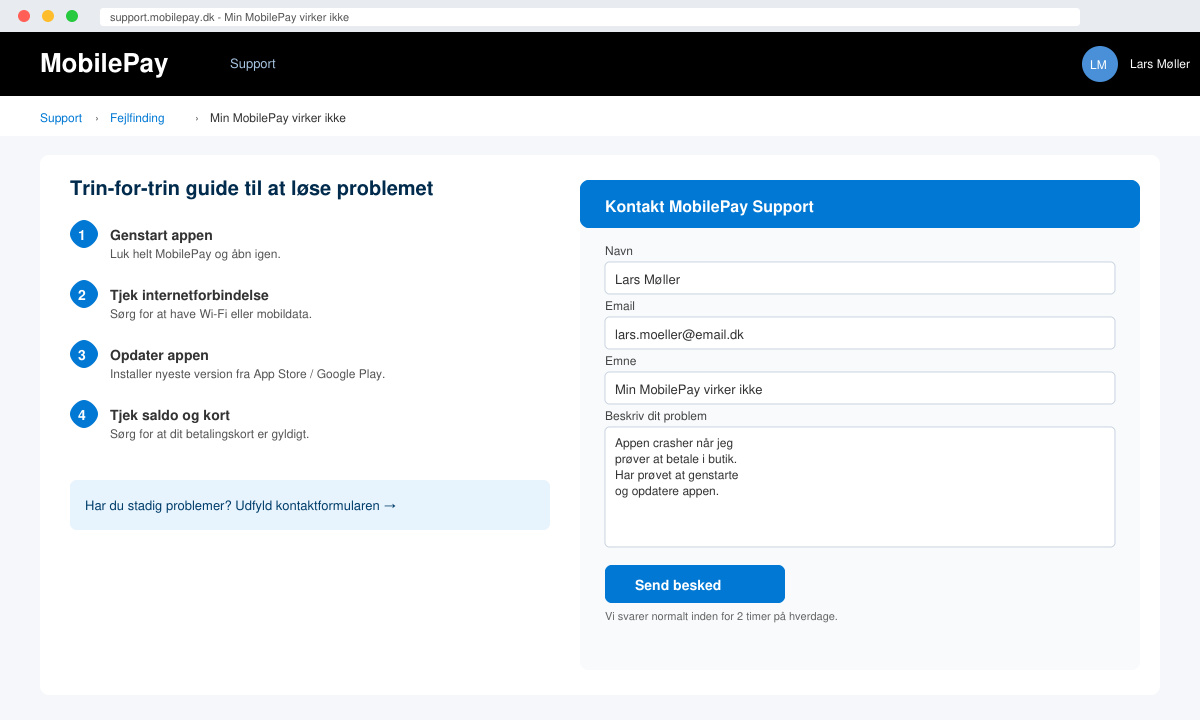 Skærmbillede af MobilePay support-side med kontaktformularen åben