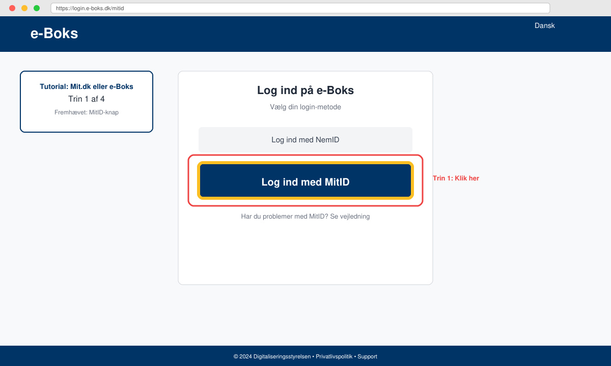 Skærmbillede af login-siden med MitID-knap fremhævet