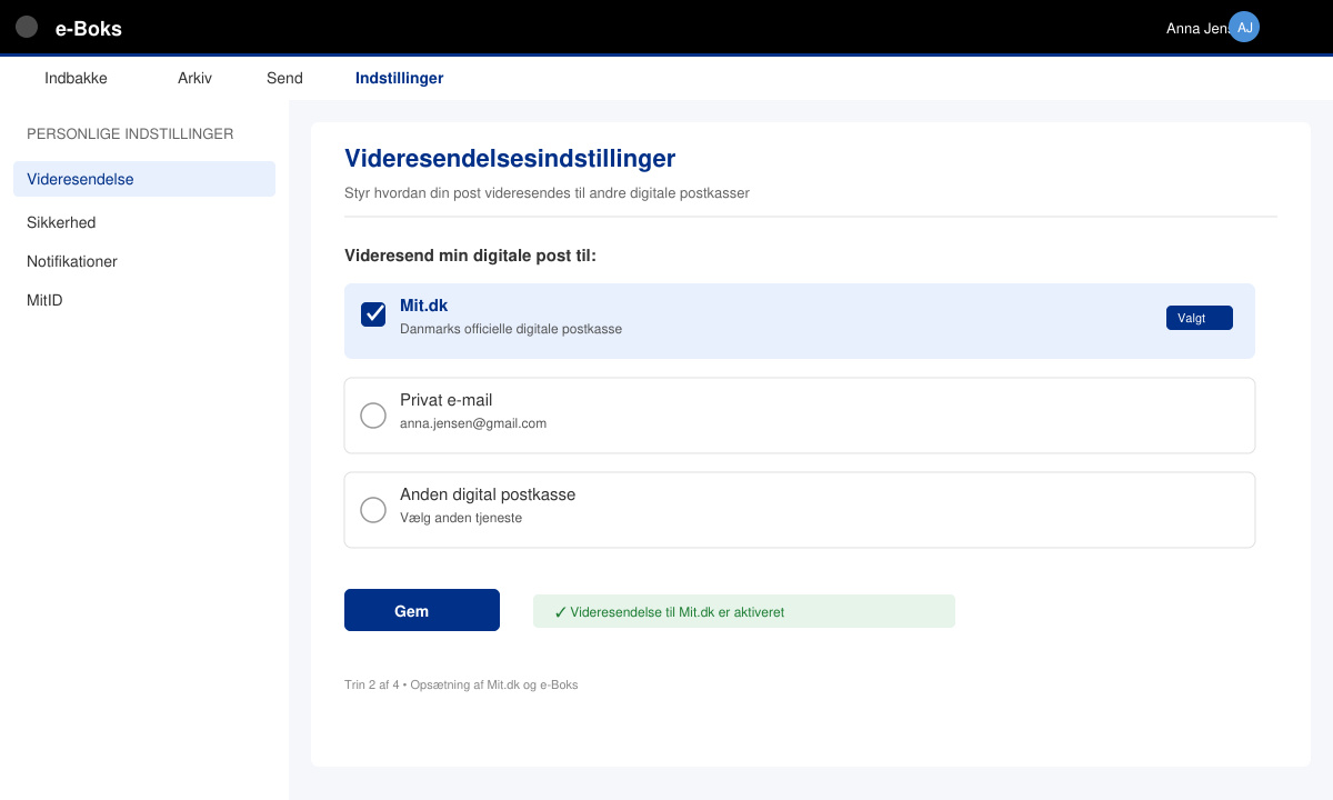 Billede af videresendelsesindstillingen i e-Boks med Mit.dk valgt