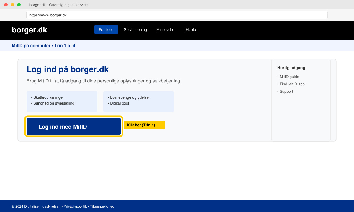 Screenshot of a Danish public service website with the MitID login button highlighted