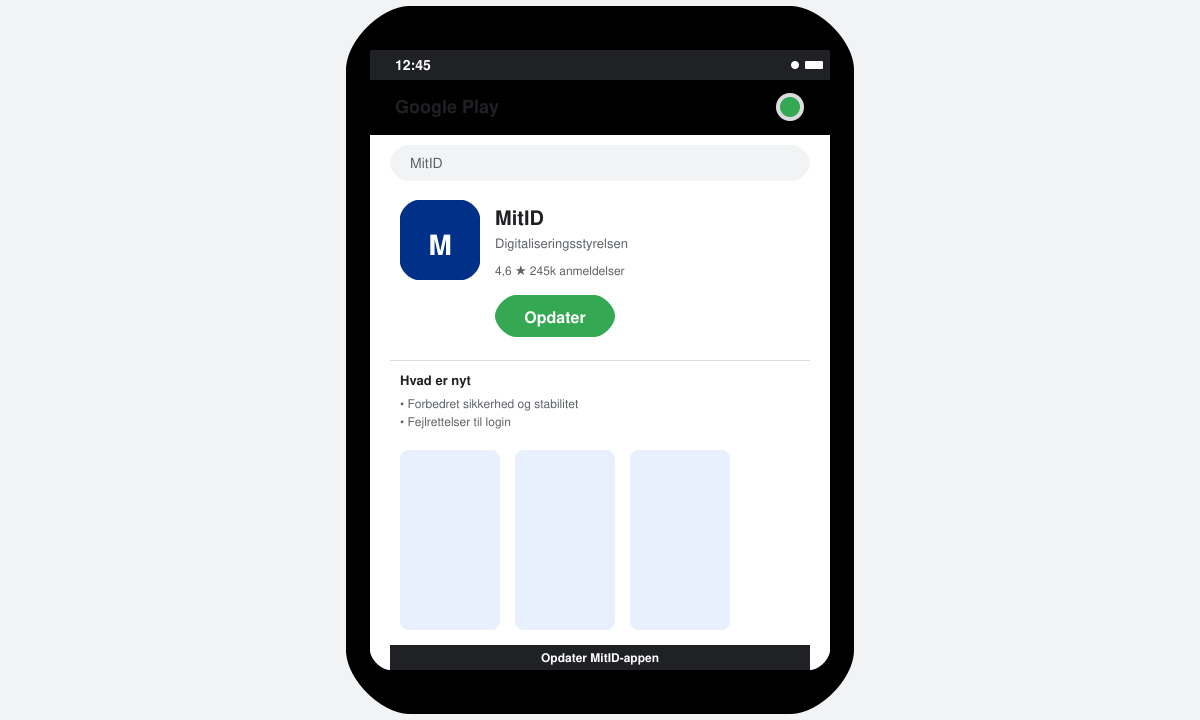 Close-up of phone screen showing MitID app update button in Google Play Store