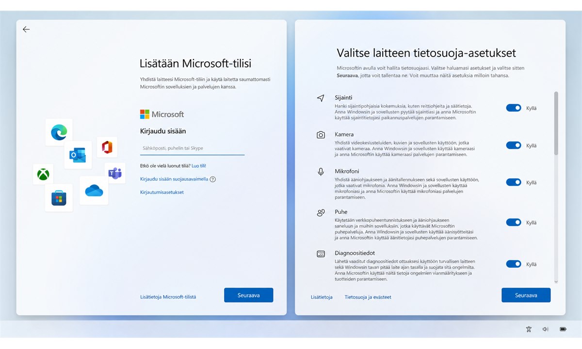 Windows 11 alkumääritys Microsoft-tili ja yksityisyysasetukset
