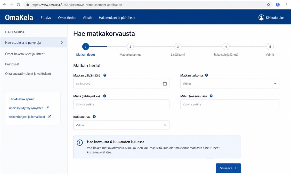 Kelan matkakorvauksen hakeminen verkkopalvelussa jälkikäteen