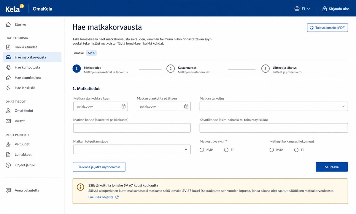 Kelan matkakorvaushakemus OmaKelassa SV4-lomakkeella