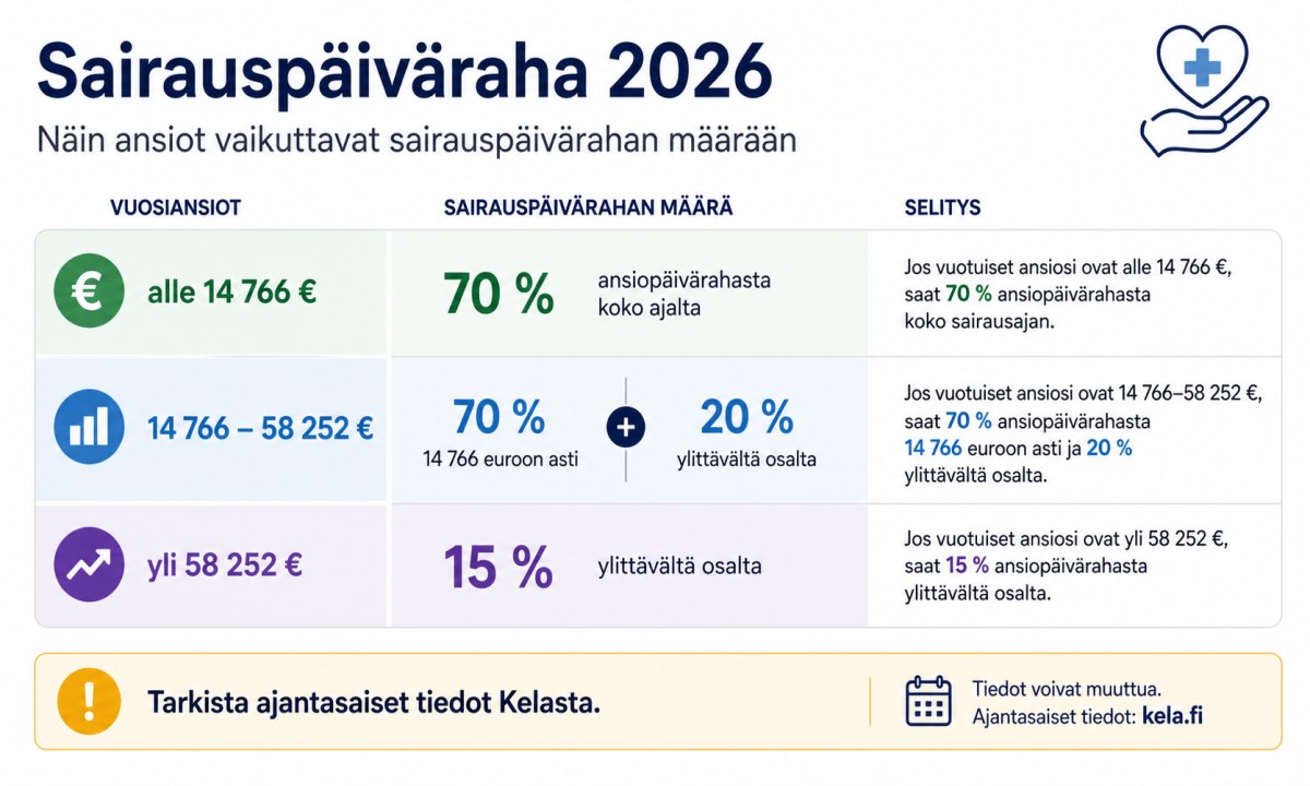 Kelan sairauspäivärahan tulorajat ja prosentit 2026