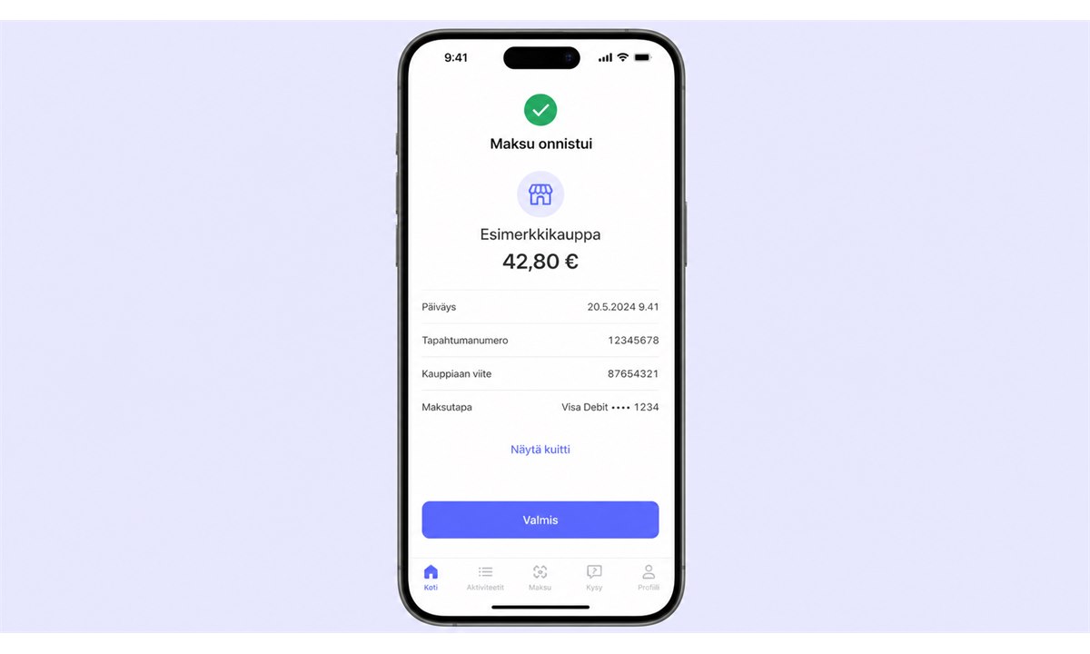 MobilePay maksuvahvistus ja kuitti onnistuneen maksun jälkeen