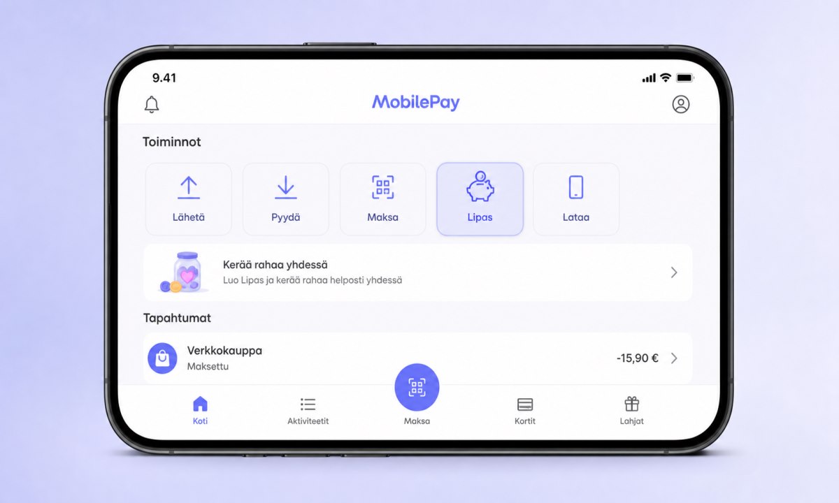 MobilePay-sovelluksen päävalikko, jossa Lipas-ominaisuus on korostettuna