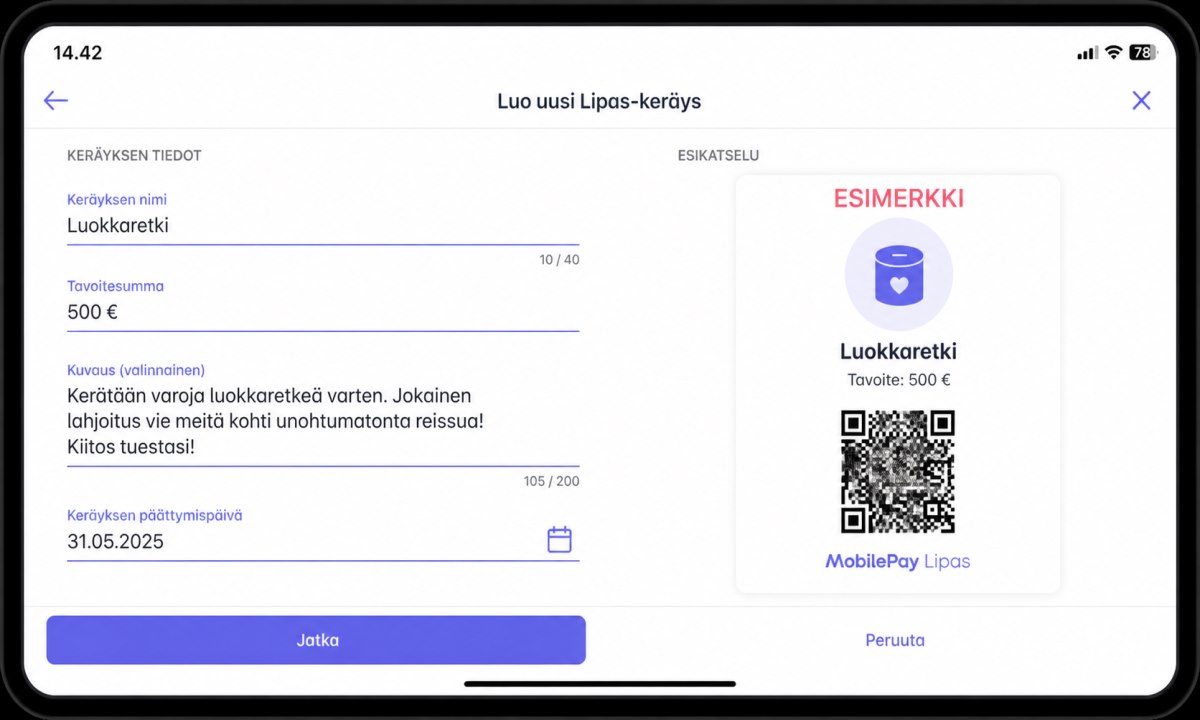MobilePay Lipas -keräyksen luontilomake täytettynä sovelluksessa