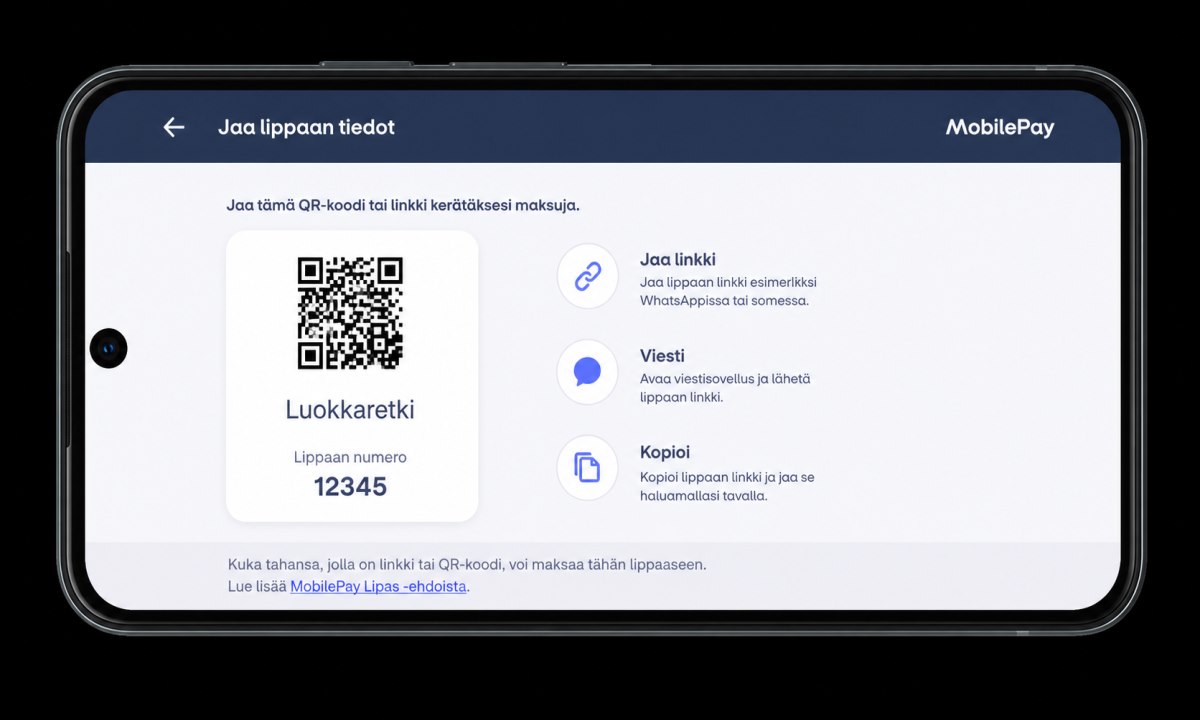 MobilePay Lipas QR-koodi ja jakovaihtoehtojen näkymä sovelluksessa