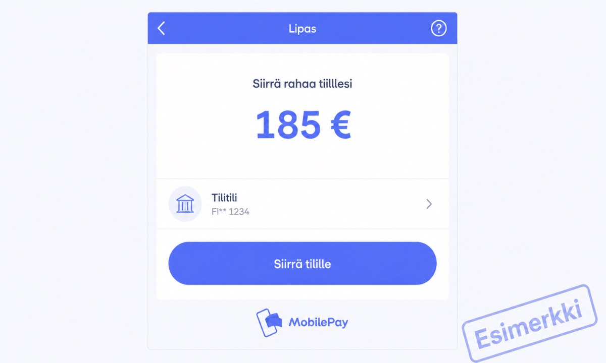 MobilePay Lipas -varojen kotiuttamisnäkymä, jossa näkyy siirrettävä summa ja tilivalinta