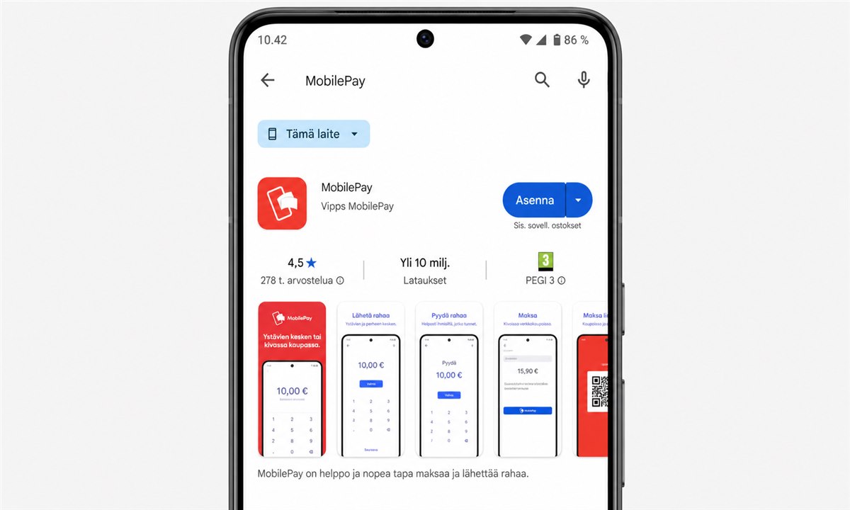 MobilePay-sovelluksen haku ja lataaminen Google Play Storesta tai App Storesta
