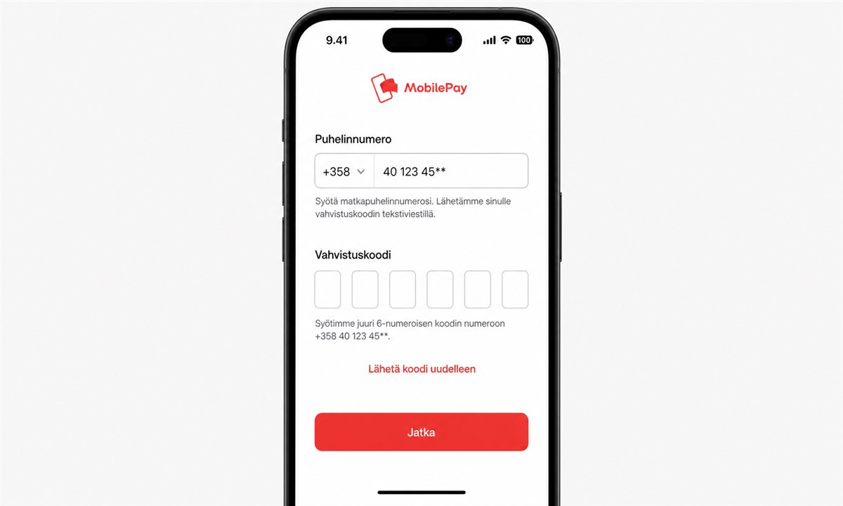 Puhelinnumeron syöttäminen ja SMS-vahvistuskoodi MobilePay-rekisteröinnissä