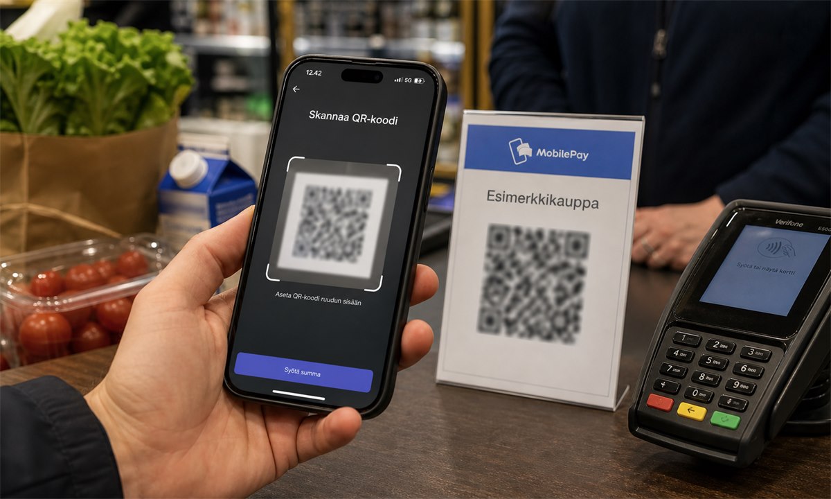 MobilePay QR-koodin skannaus kassalla kaupassa