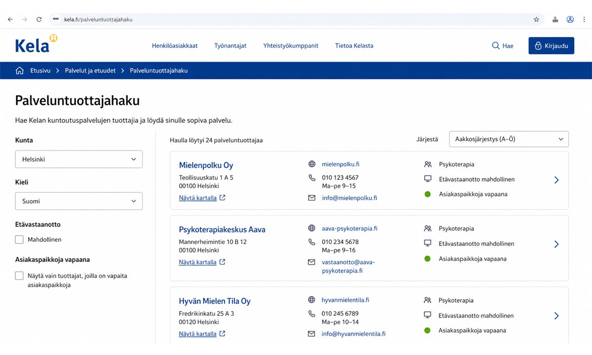 Kelan palveluntuottajahaku terapeutin valinta