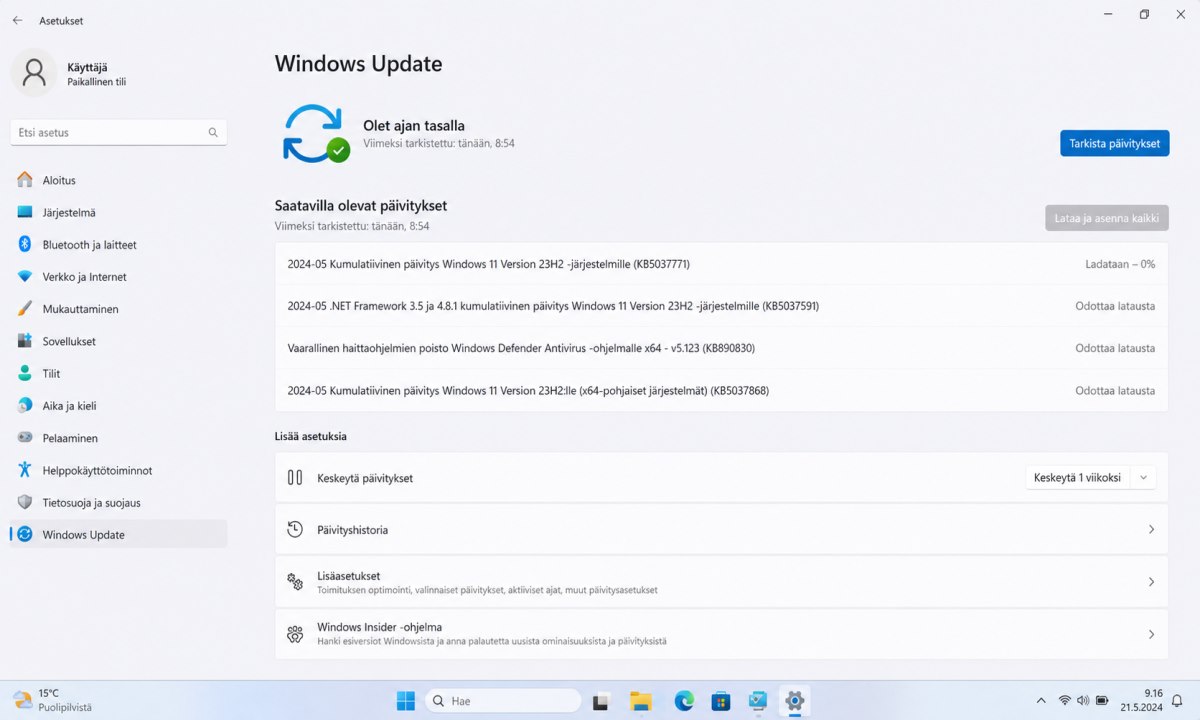 Windows Update tarkista päivitykset -painike ja saatavilla olevat päivitykset