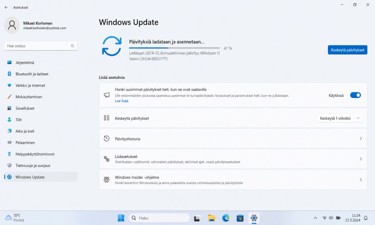 Windows 11 päivityksen lataus- ja asennusnäyttö